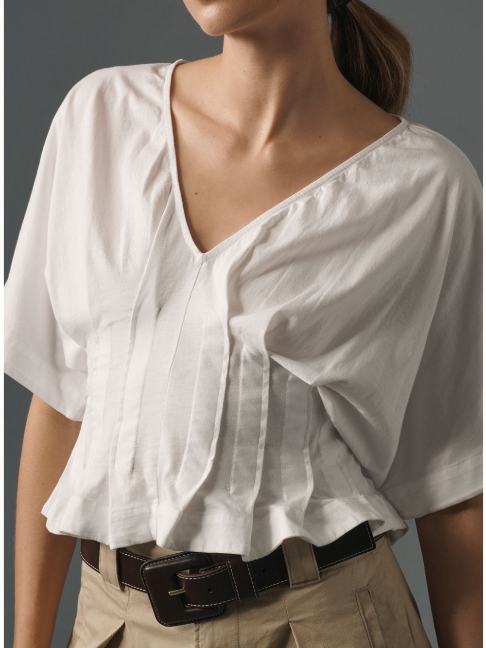 Anthropologie White V-Neck Pintuck Peplum Blouse